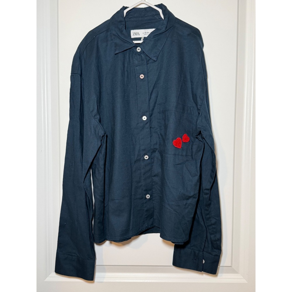 Zara Kids Navy‎ Blue Long Sleeve Button Down Shirt Red Heart Pocket Size 13-14